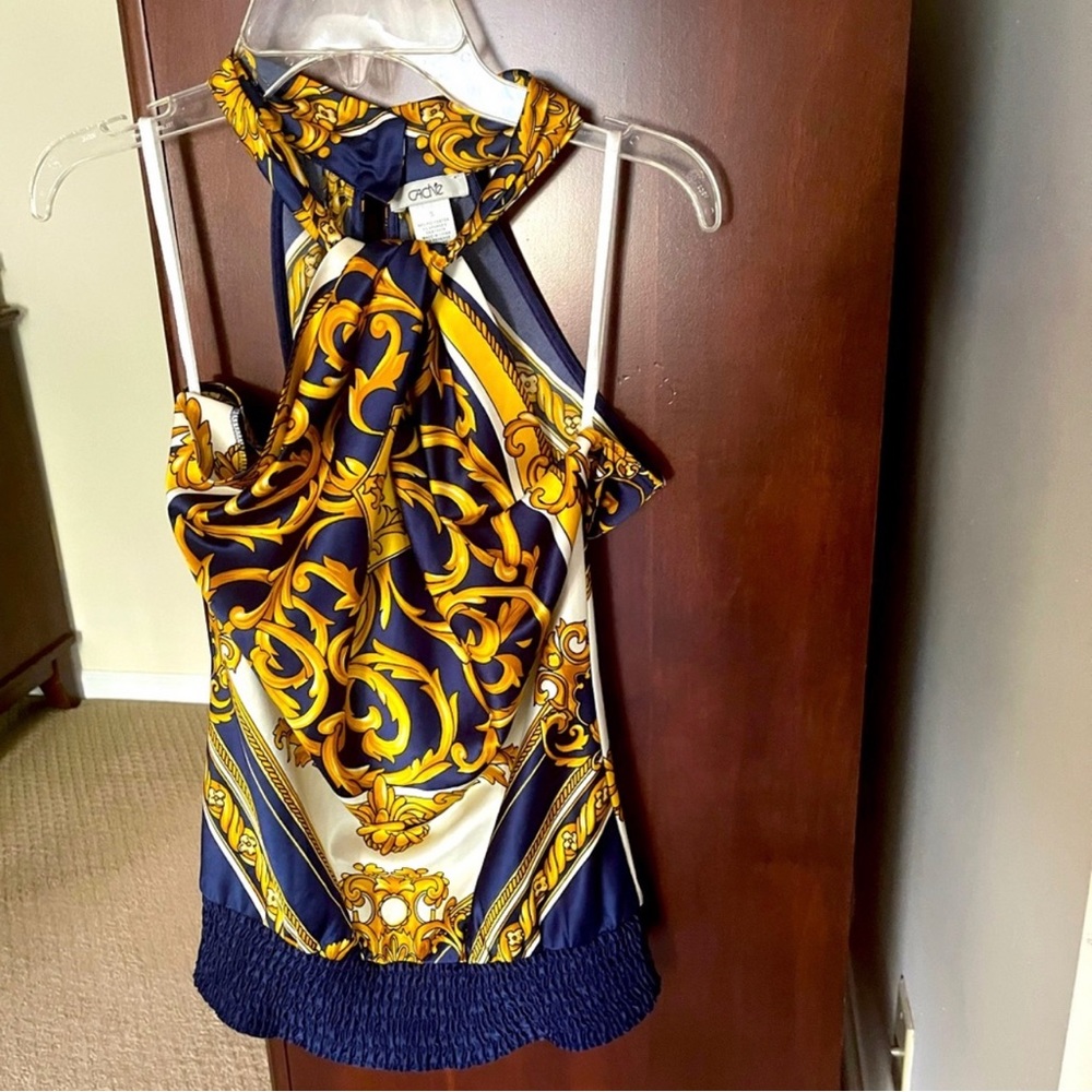 Cache Navy and Gold Halter Top